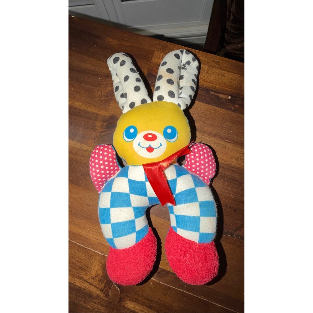 Vintage Playskool Plush Bunny Checkered Polka Dot Blue Yellow Red 12 Inch Toy